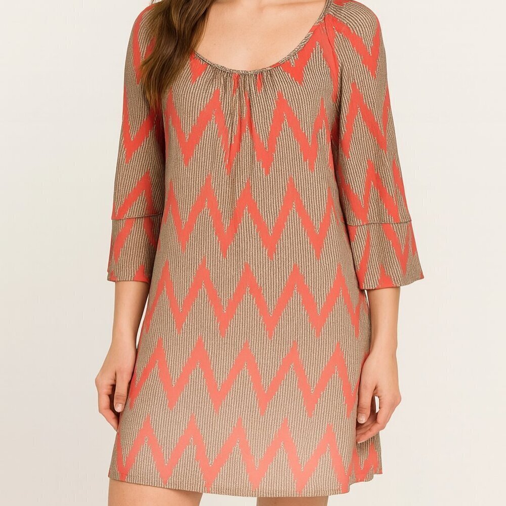 GLAM Orange & Teal Chevron Print Bell Sleeve Tunic Dress Size S
